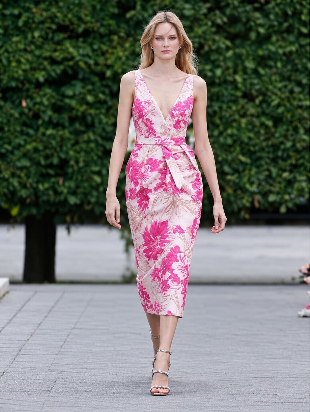 Badgley Mischka Floral Jacquard Midi Dress Sz 4 Pink Ivory Sleeveless V Neck NWT